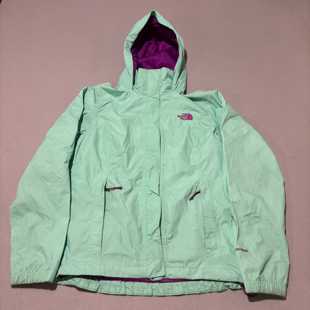 The North Face HyVent Rain Jacket Womens Small Mint Green Purple Hooded Shell